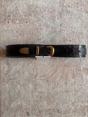 Black Croc-Embossed Leather Double Belt with Gold Buckle